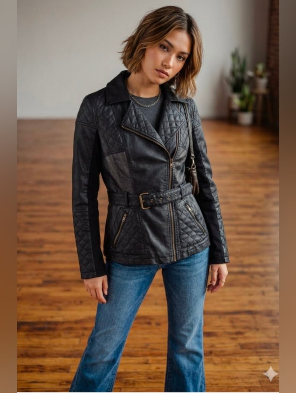 Y2K Black Faux Leather Motto Short Belted Trench Quilted Accents Mossimo Size S
